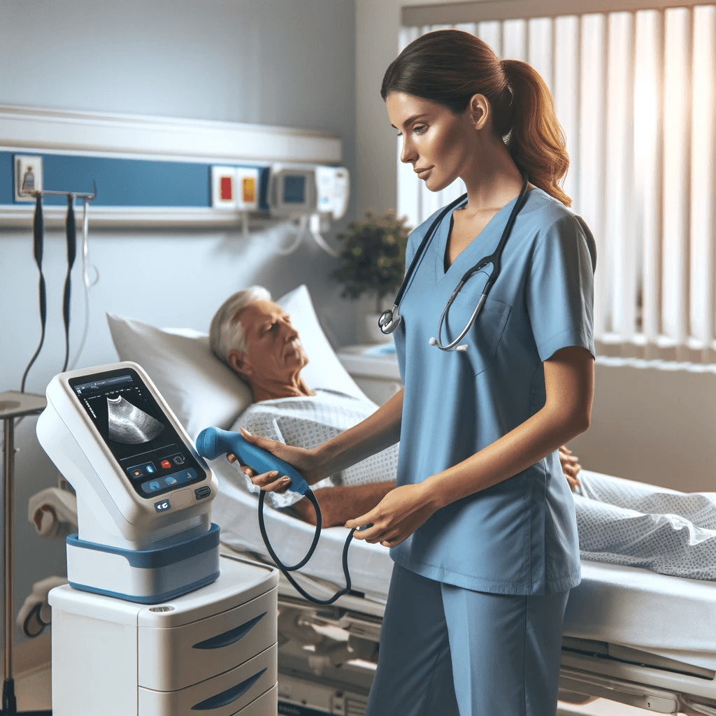 Nurse using a bladder scanner